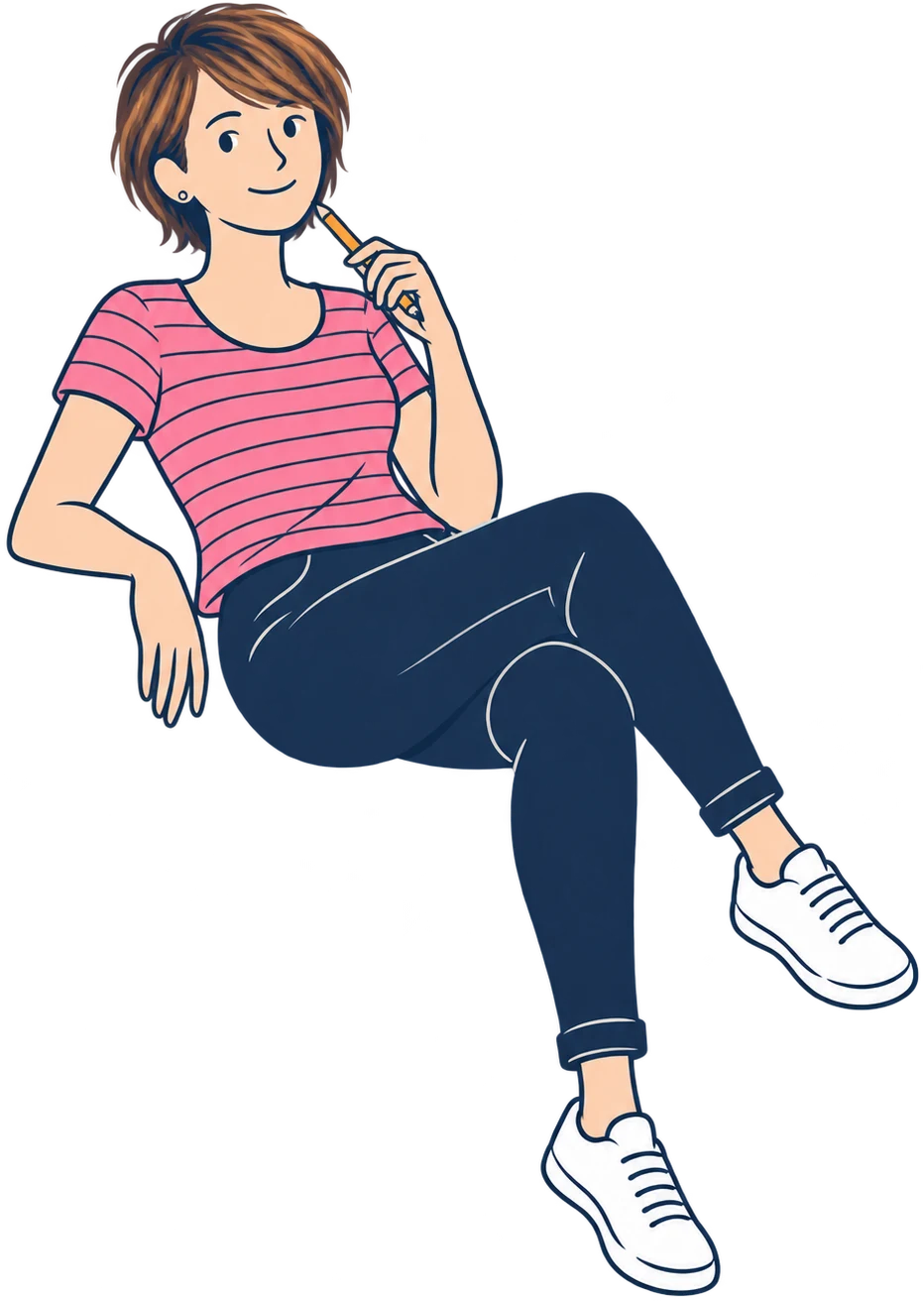 Illustration of Eleonor sitting with her legs crossed, in a pink striped top, jeans and white sneakers, holding a pencil to her chin.