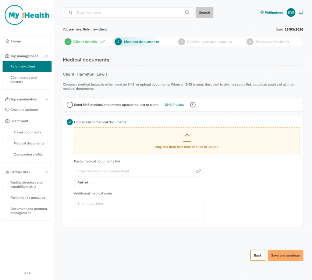 My1Health Medical Document manual upload screen